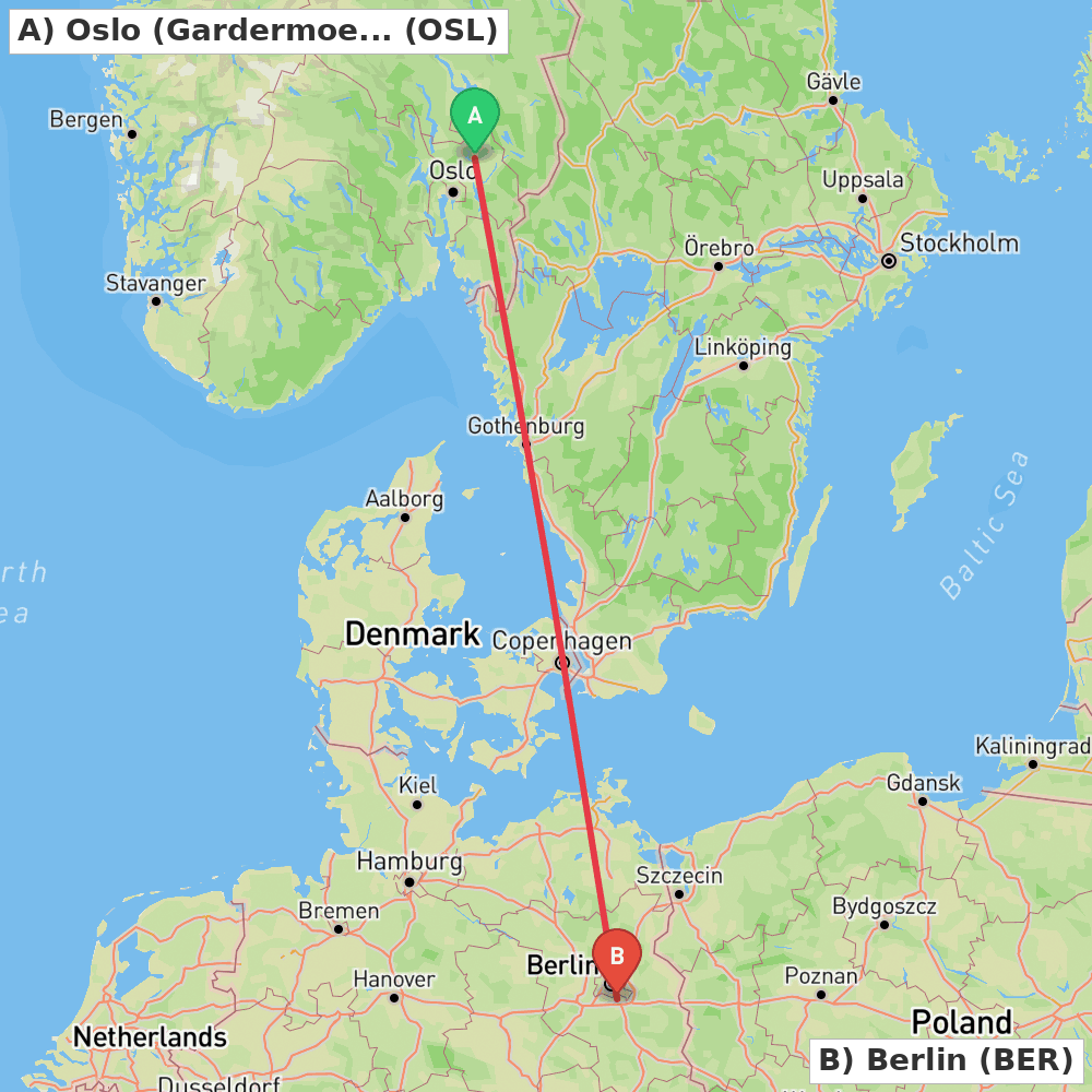 Flight route map from Oslo (Gardermoen) to Berlin