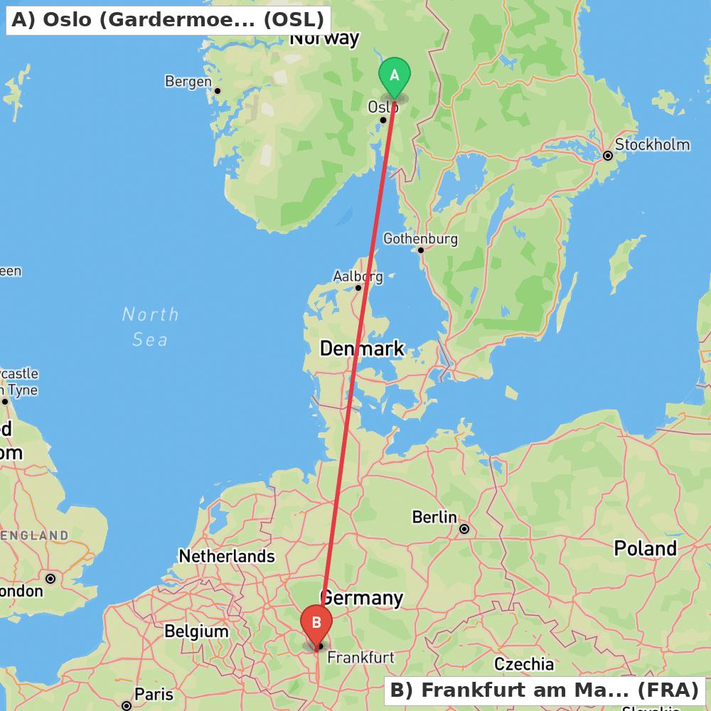 Flight route map from Oslo (Gardermoen) to Frankfurt am Main