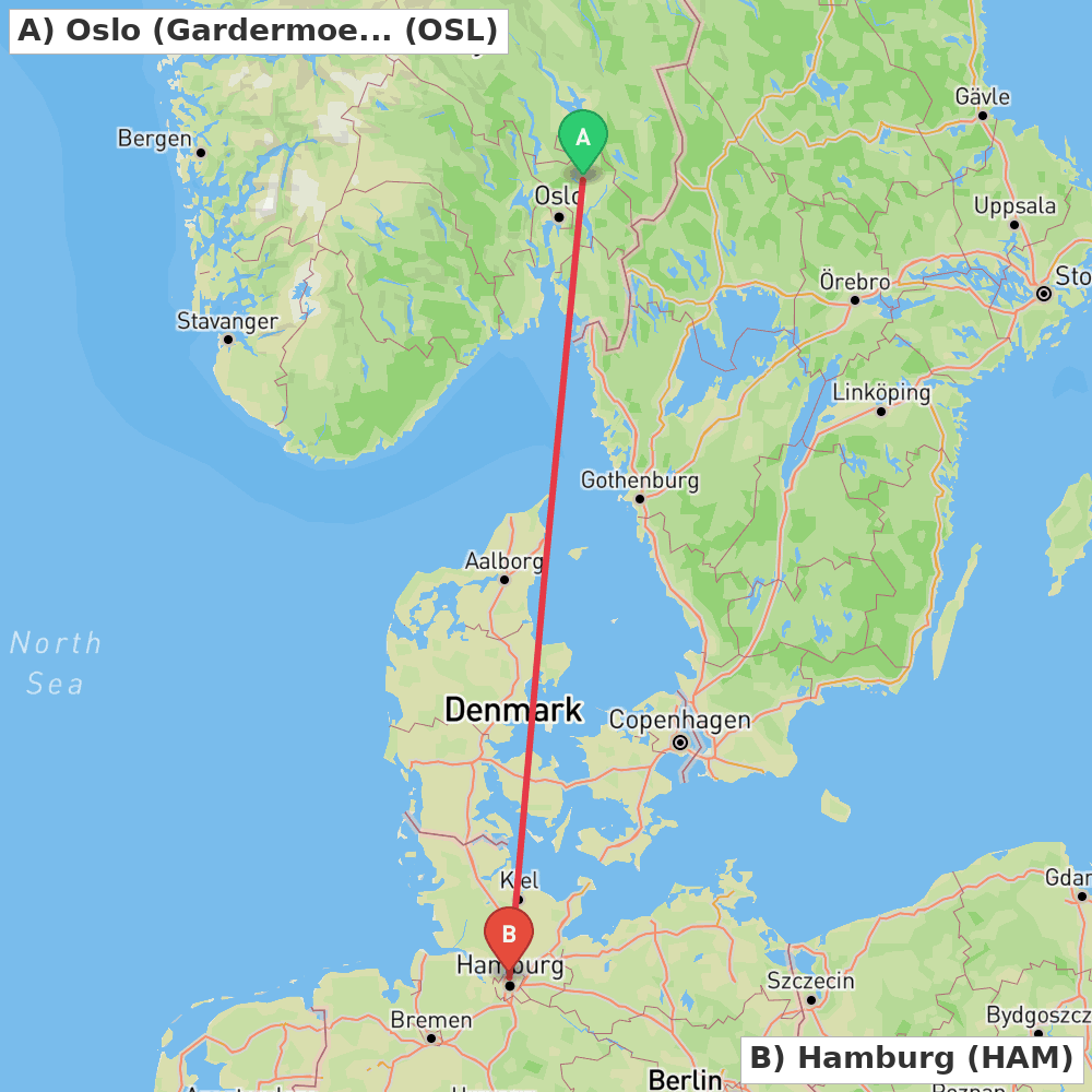 Flight route map from Oslo (Gardermoen) to Hamburg