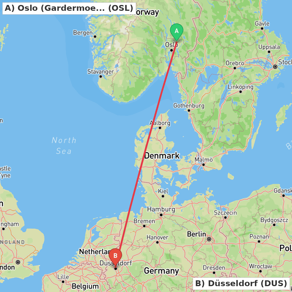 Flight route map from Oslo (Gardermoen) to Düsseldorf