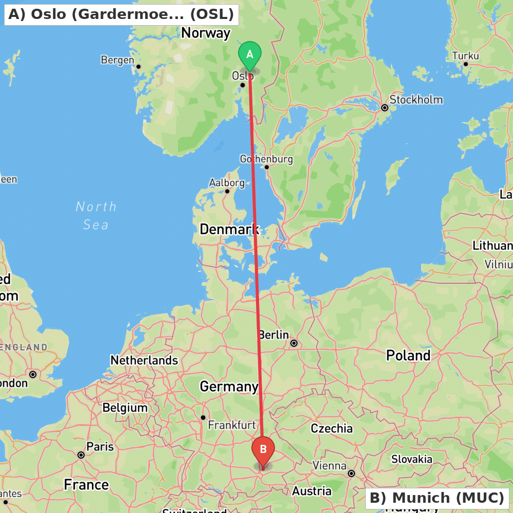 Flight route map from Oslo (Gardermoen) to Munich