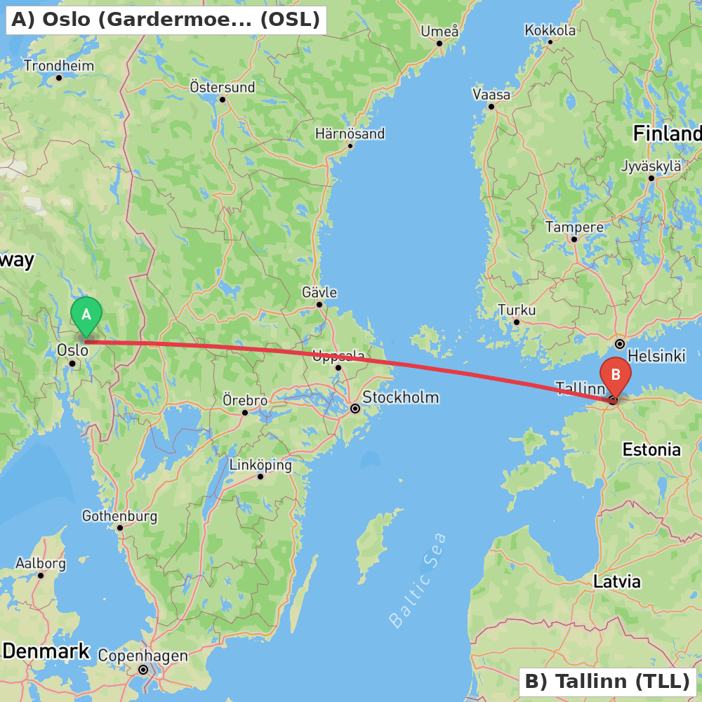 Flight route map from Oslo (Gardermoen) to Tallinn