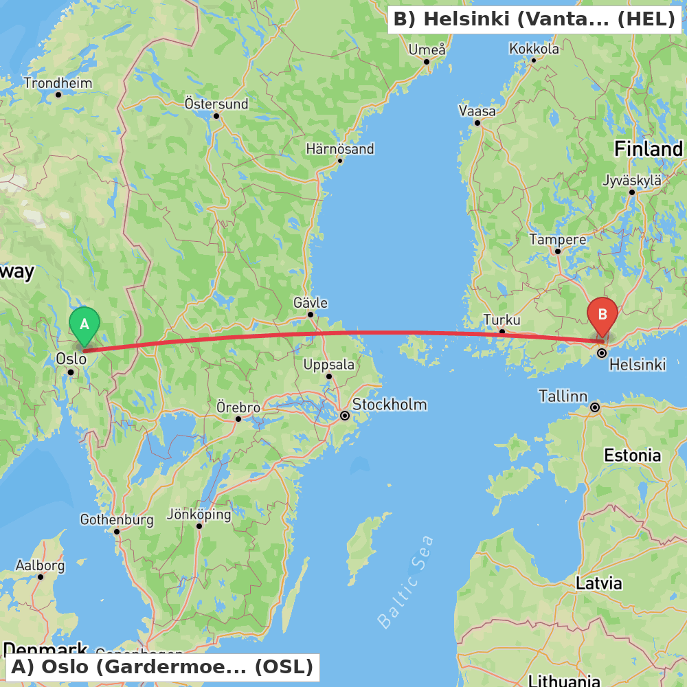 Flight route map from Oslo (Gardermoen) to Helsinki (Vantaa)