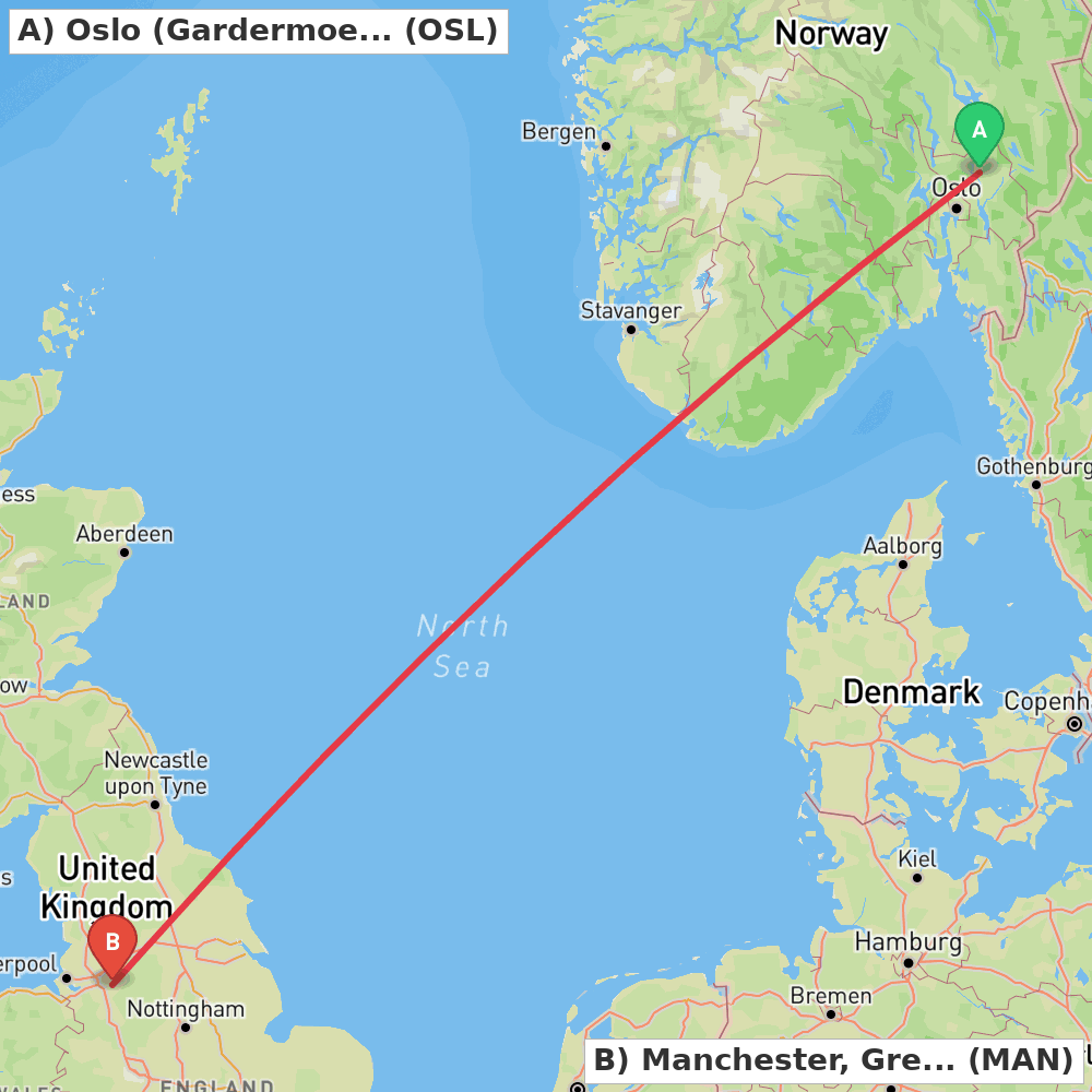 Flight route map from Oslo (Gardermoen) to Manchester, Greater Manchester