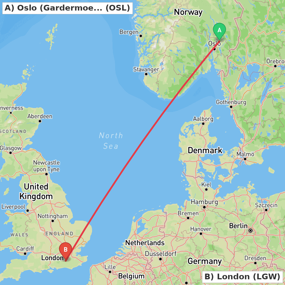 Flight route map from Oslo (Gardermoen) to London