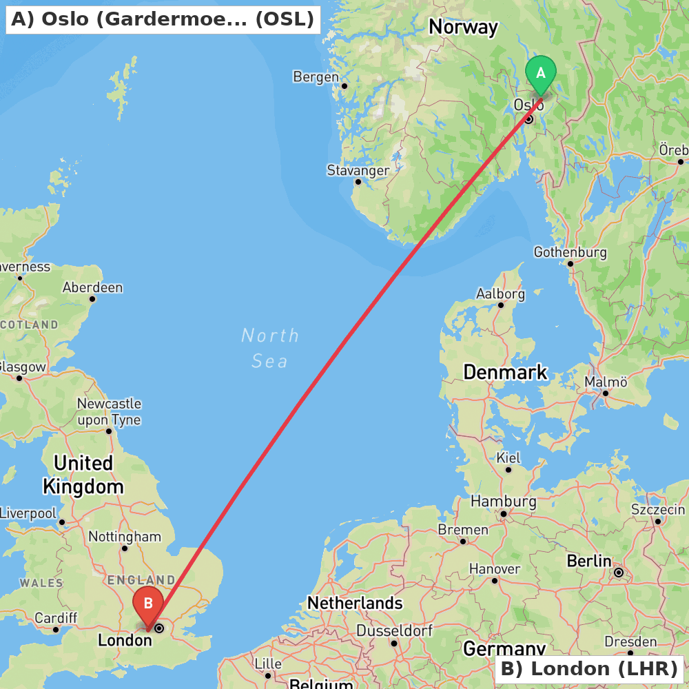 Flight route map from Oslo (Gardermoen) to London