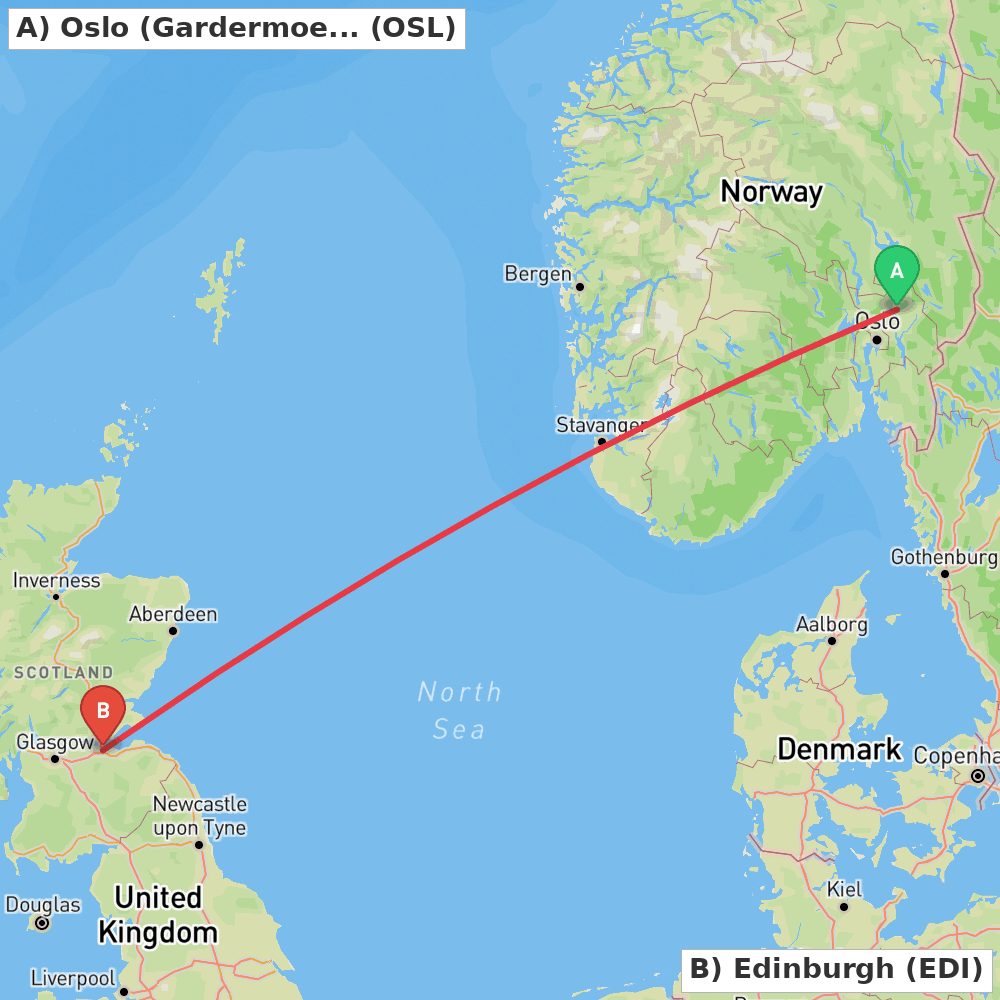 Flight route map from Oslo (Gardermoen) to Edinburgh