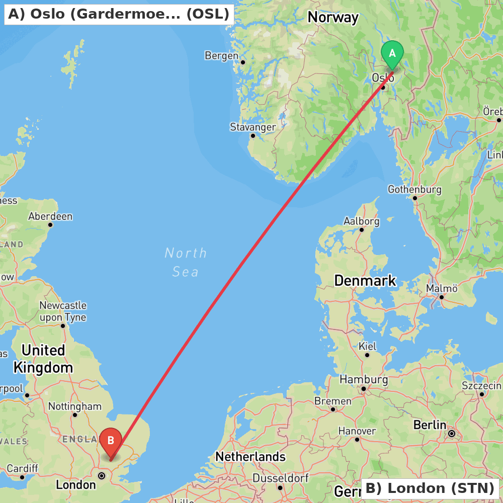 Flight route map from Oslo (Gardermoen) to London