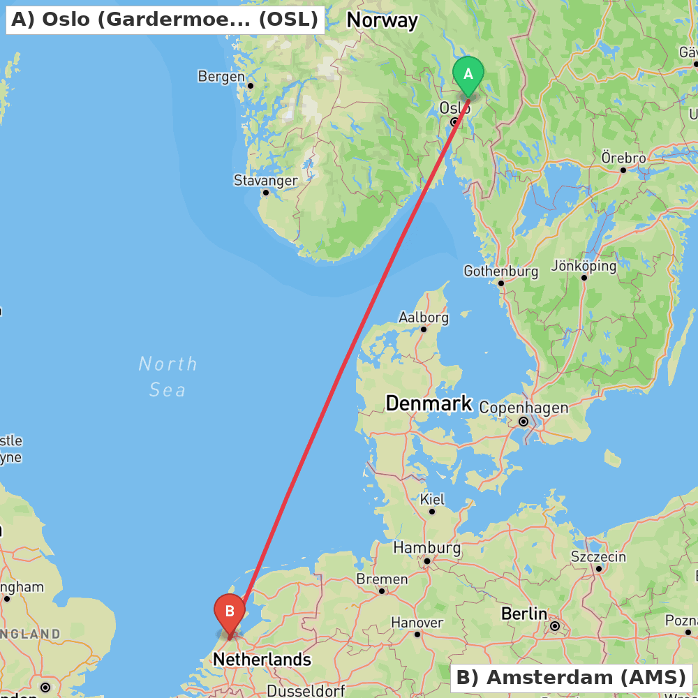 Flight route map from Oslo (Gardermoen) to Amsterdam