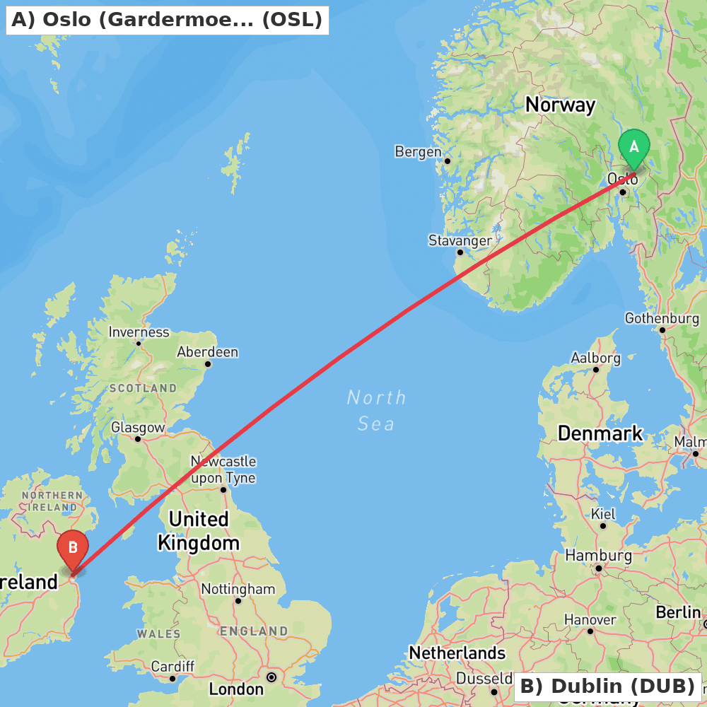 Flight route map from Oslo (Gardermoen) to Dublin