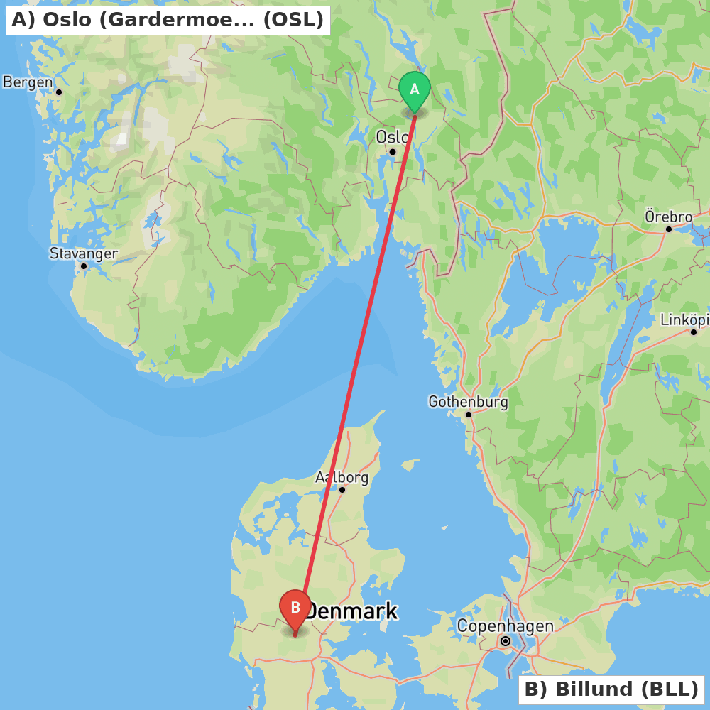 Flight route map from Oslo (Gardermoen) to Billund
