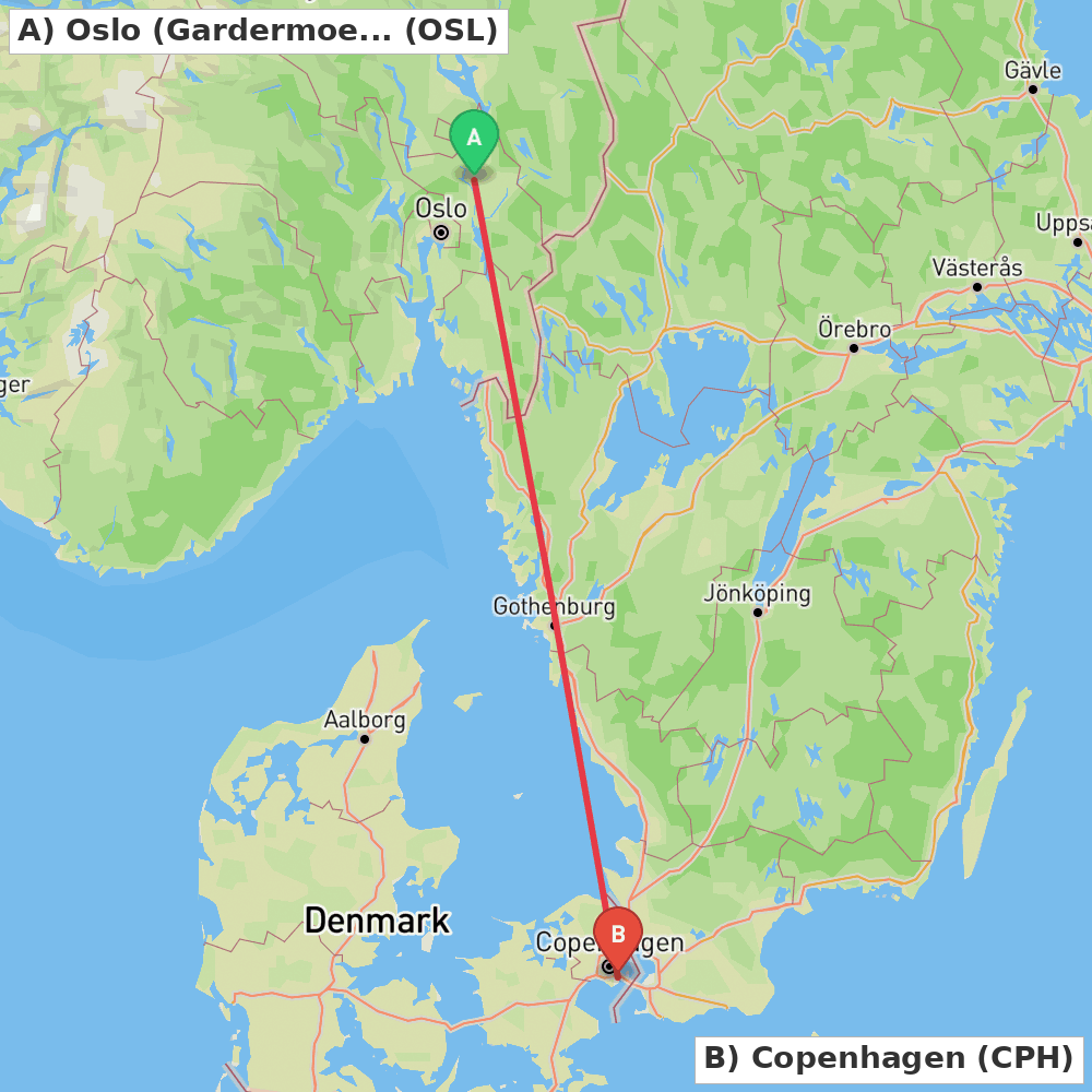 Flight route map from Oslo (Gardermoen) to Copenhagen