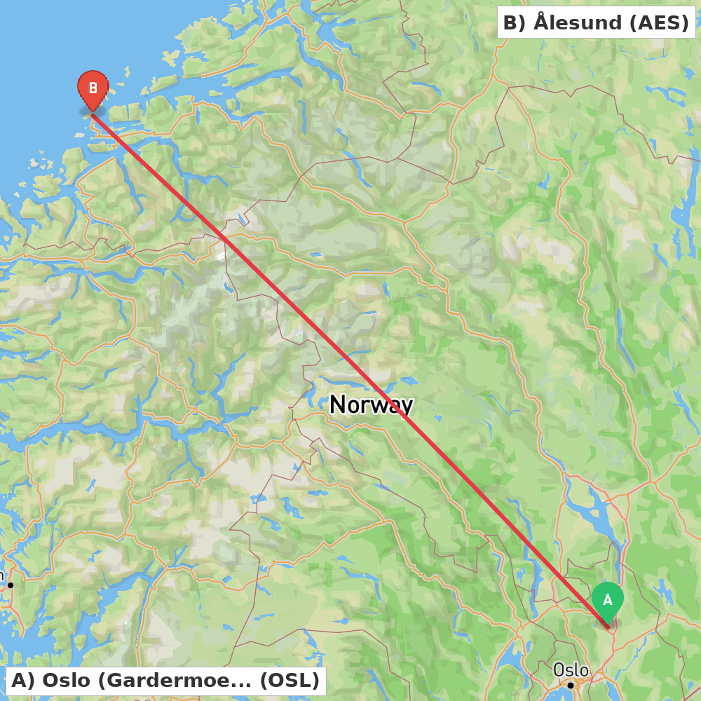 Flight route map from Oslo (Gardermoen) to Ålesund
