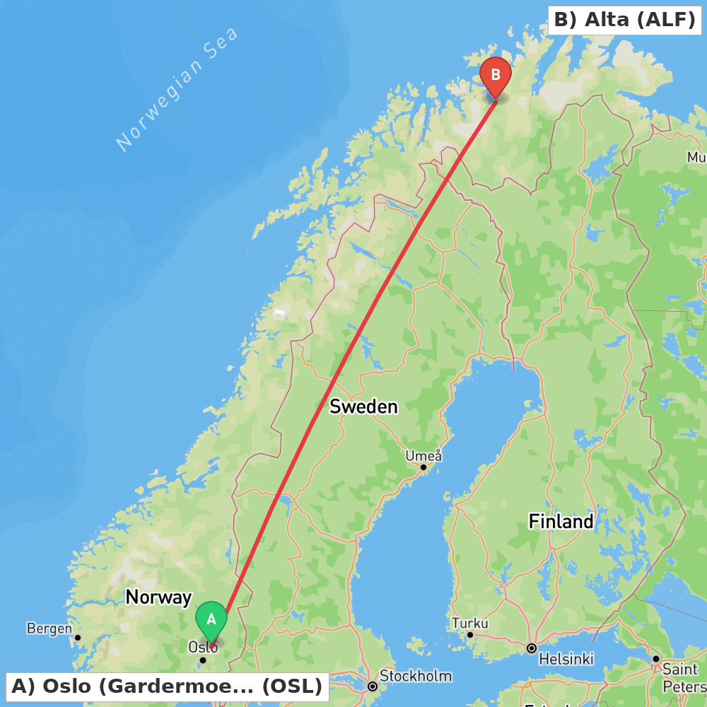 Flight route map from Oslo (Gardermoen) to Alta