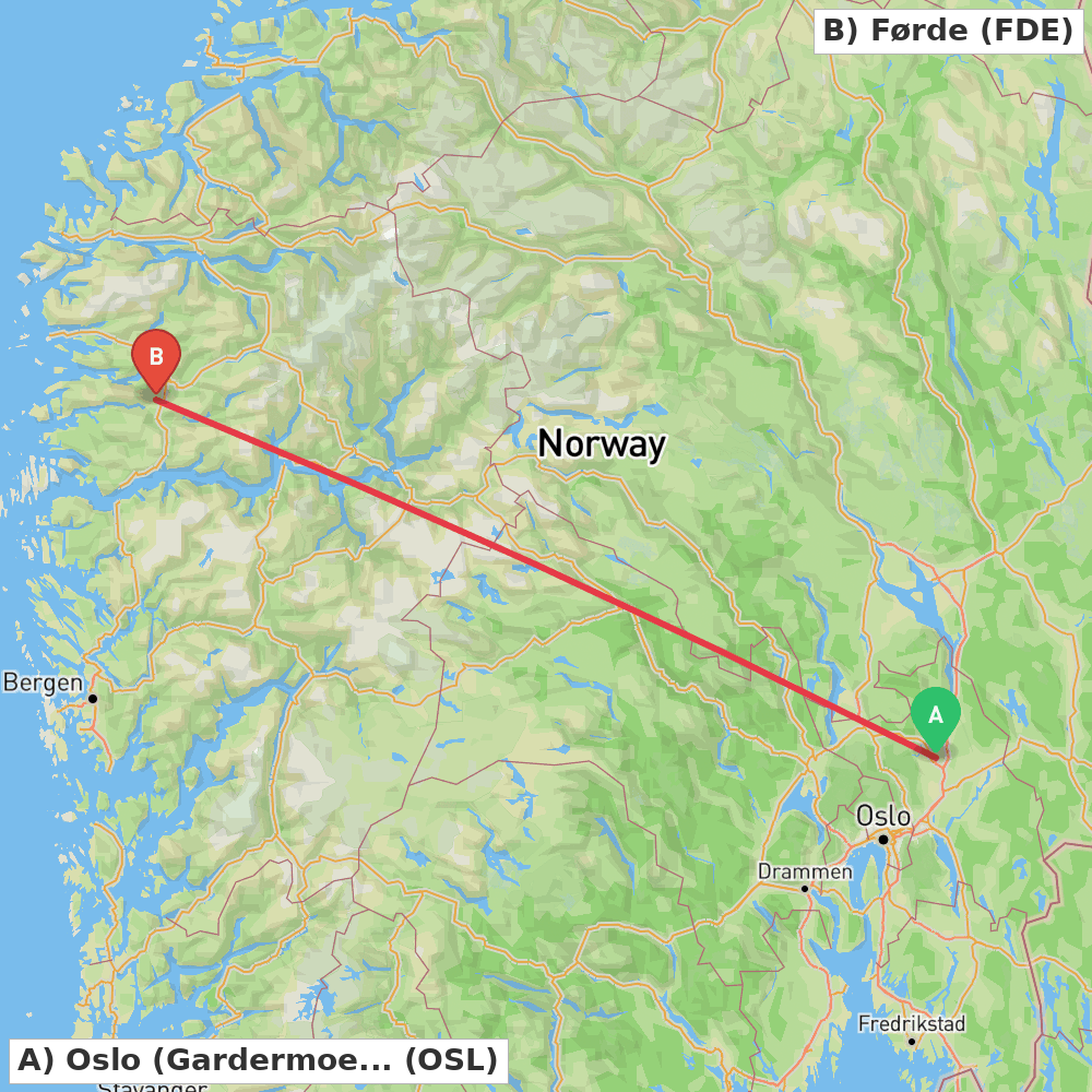 Flight route map from Oslo (Gardermoen) to Førde