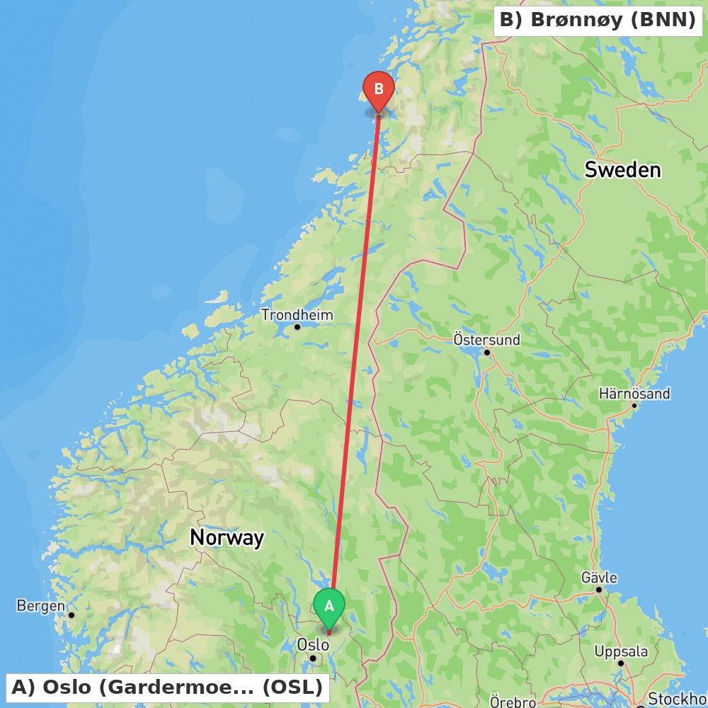 Flight route map from Oslo (Gardermoen) to Brønnøy