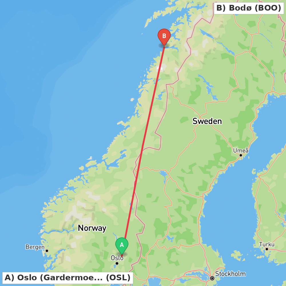Flight route map from Oslo (Gardermoen) to Bodø