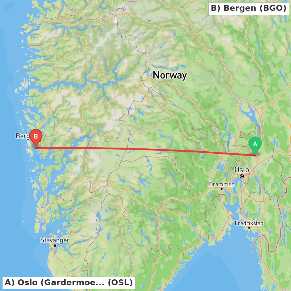 Flight route map from Oslo (Gardermoen) to Bergen