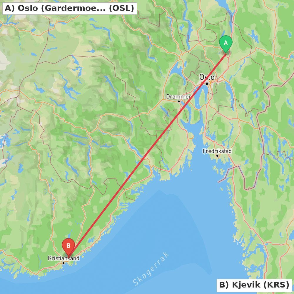 Flight route map from Oslo (Gardermoen) to Kjevik