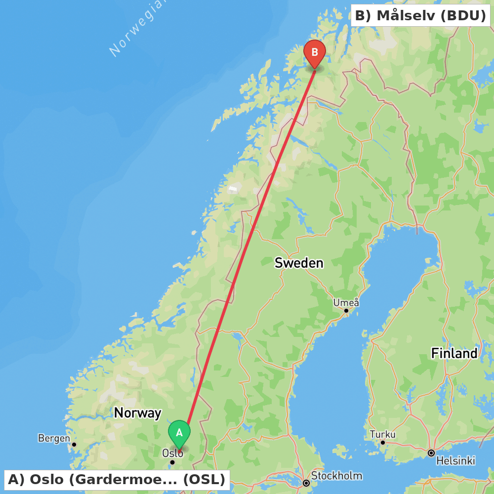 Flight route map from Oslo (Gardermoen) to Målselv