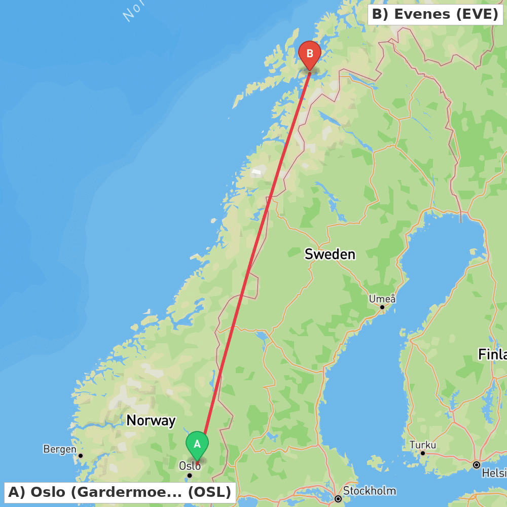 Flight route map from Oslo (Gardermoen) to Evenes