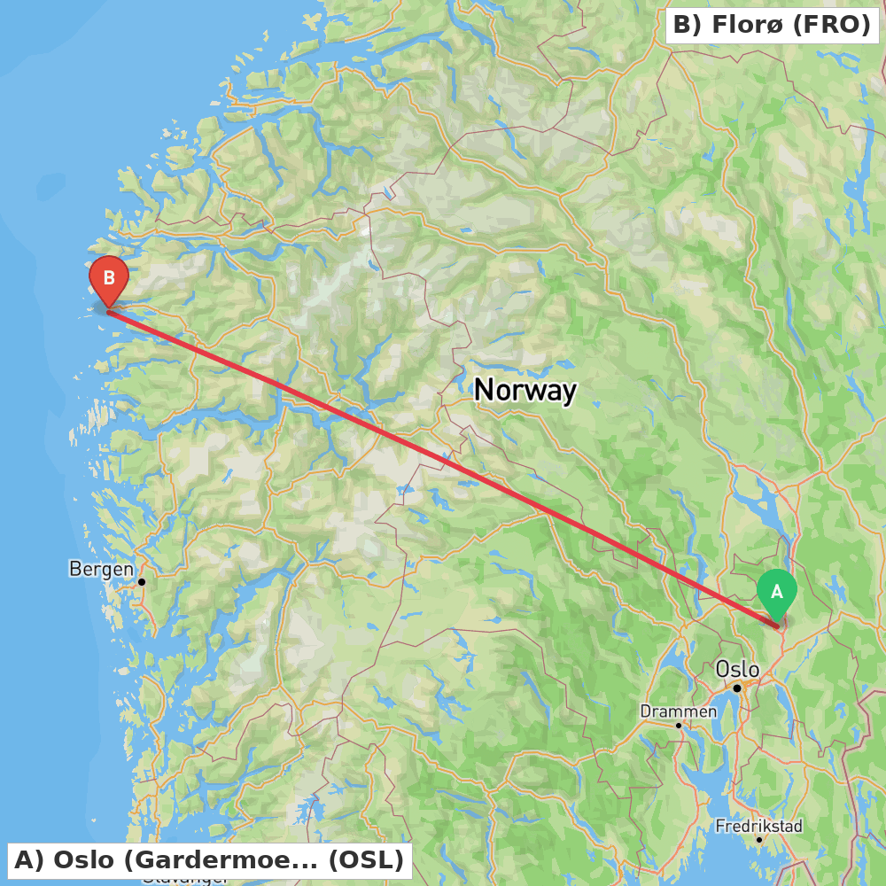 Flight route map from Oslo (Gardermoen) to Florø