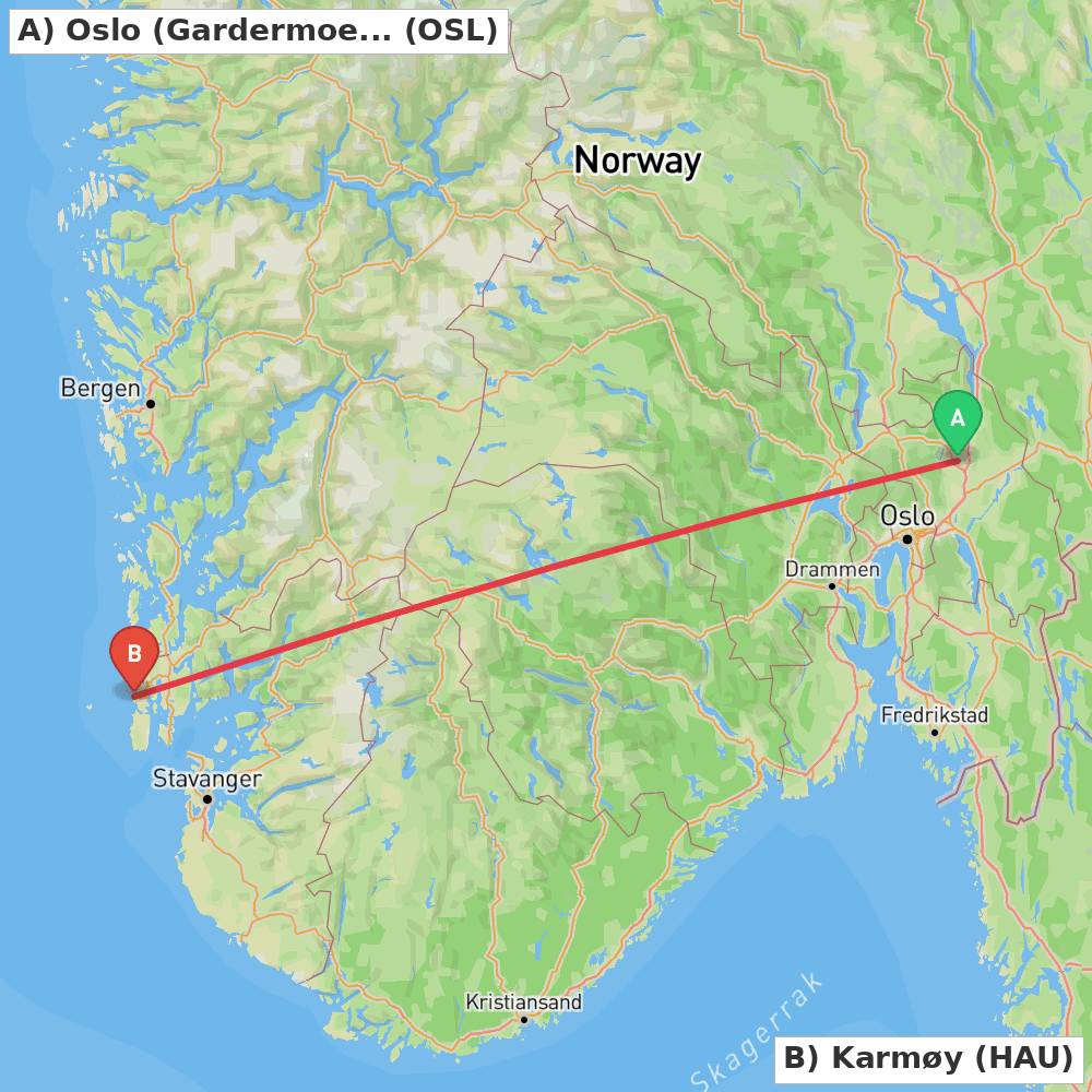 Flight route map from Oslo (Gardermoen) to Karmøy