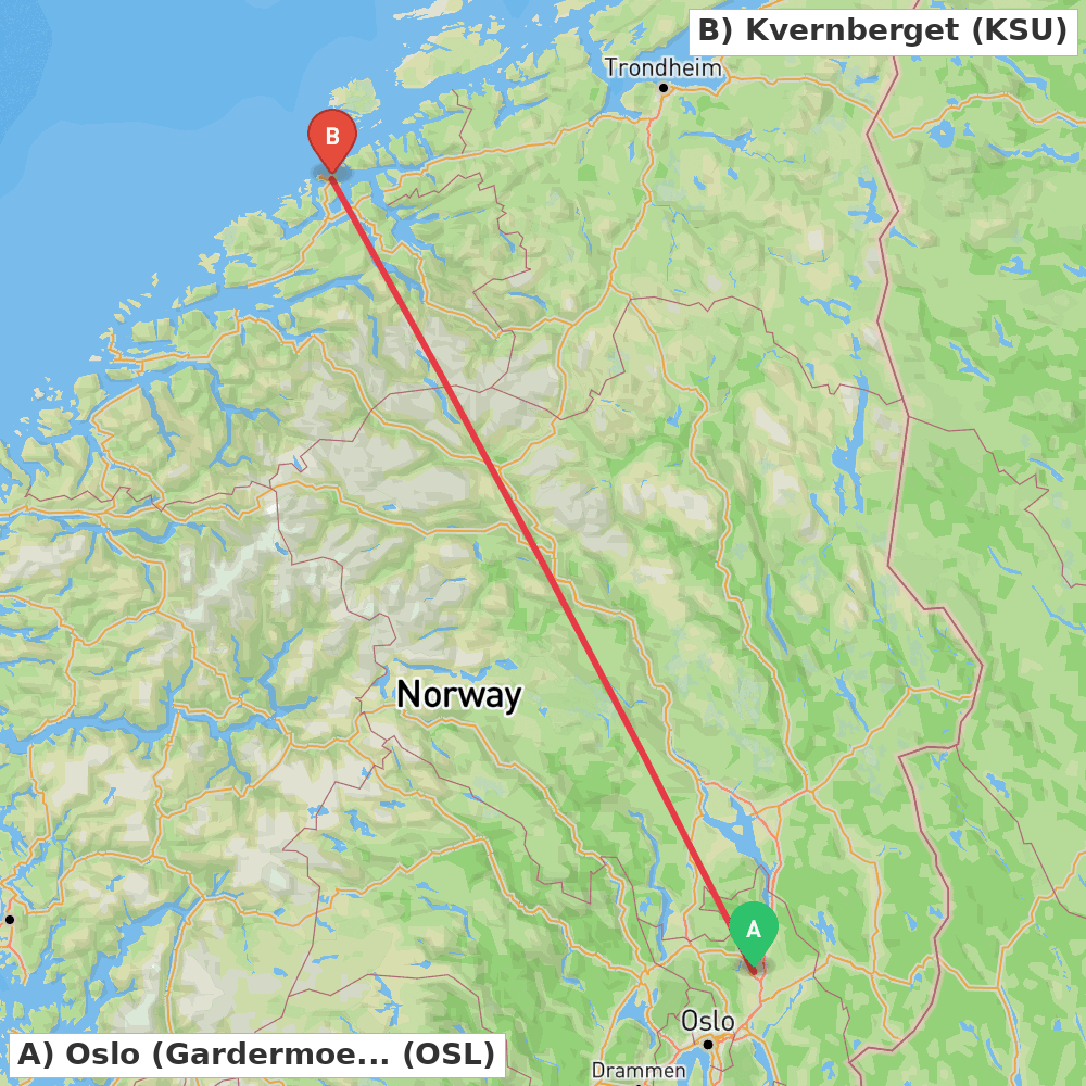 Flight route map from Oslo (Gardermoen) to Kvernberget