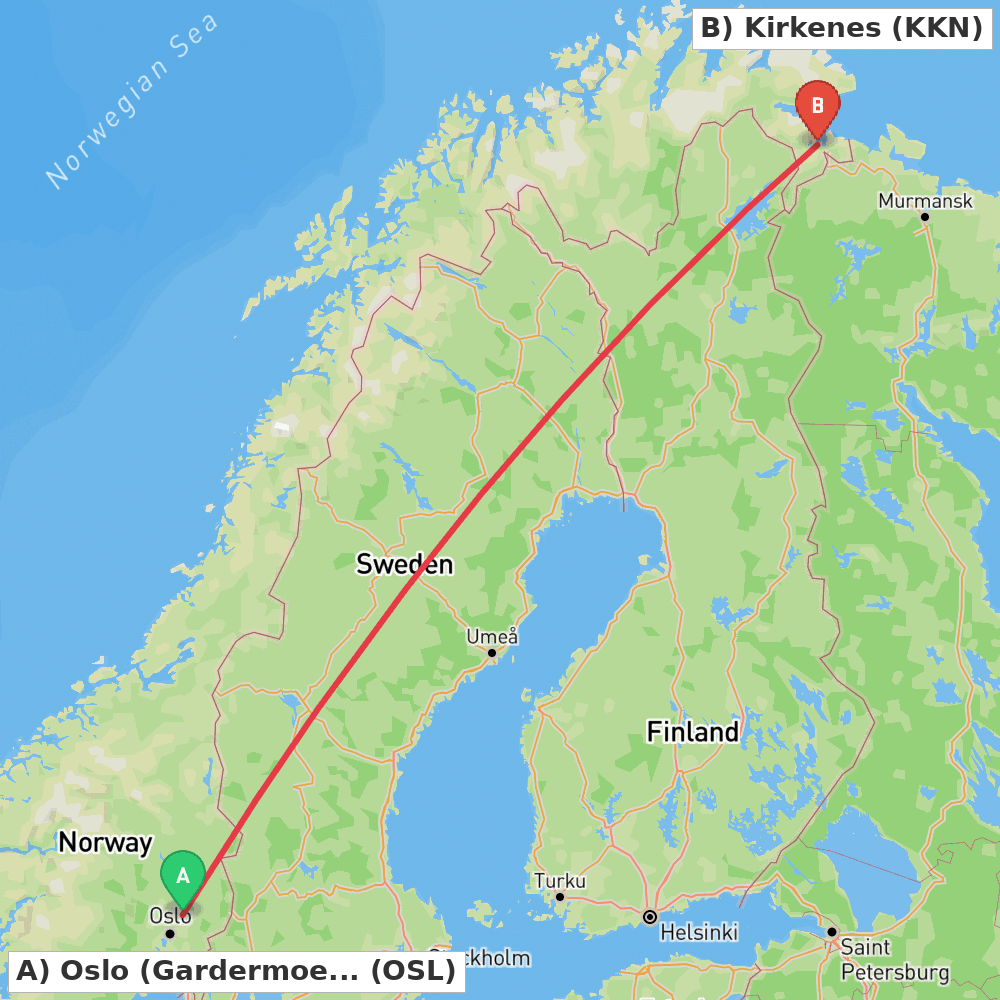 Flight route map from Oslo (Gardermoen) to Kirkenes