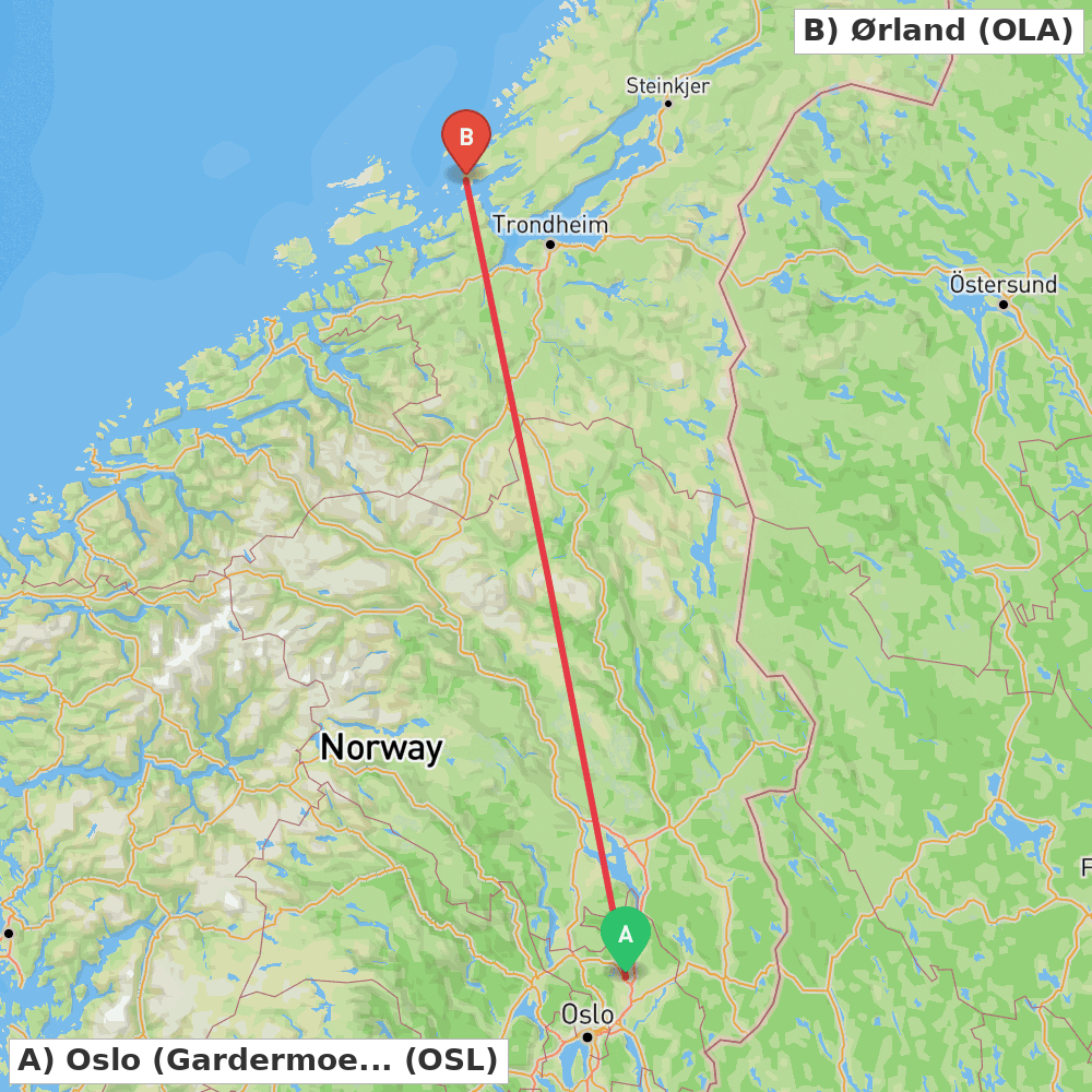 Flight route map from Oslo (Gardermoen) to Ørland
