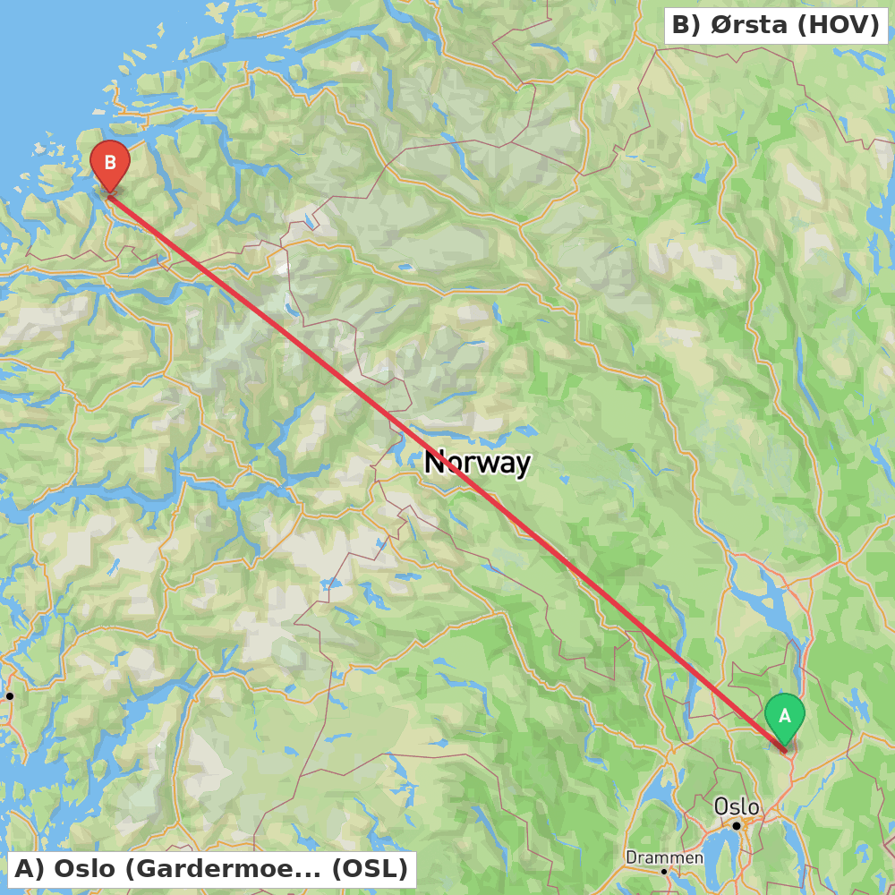 Flight route map from Oslo (Gardermoen) to Ørsta