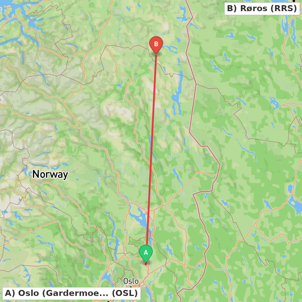 Flight route map from Oslo (Gardermoen) to Røros