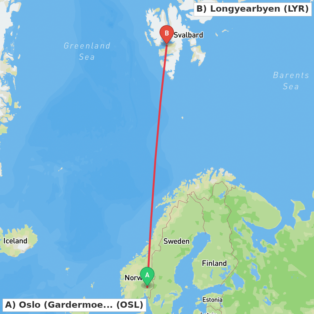 Flight route map from Oslo (Gardermoen) to Longyearbyen
