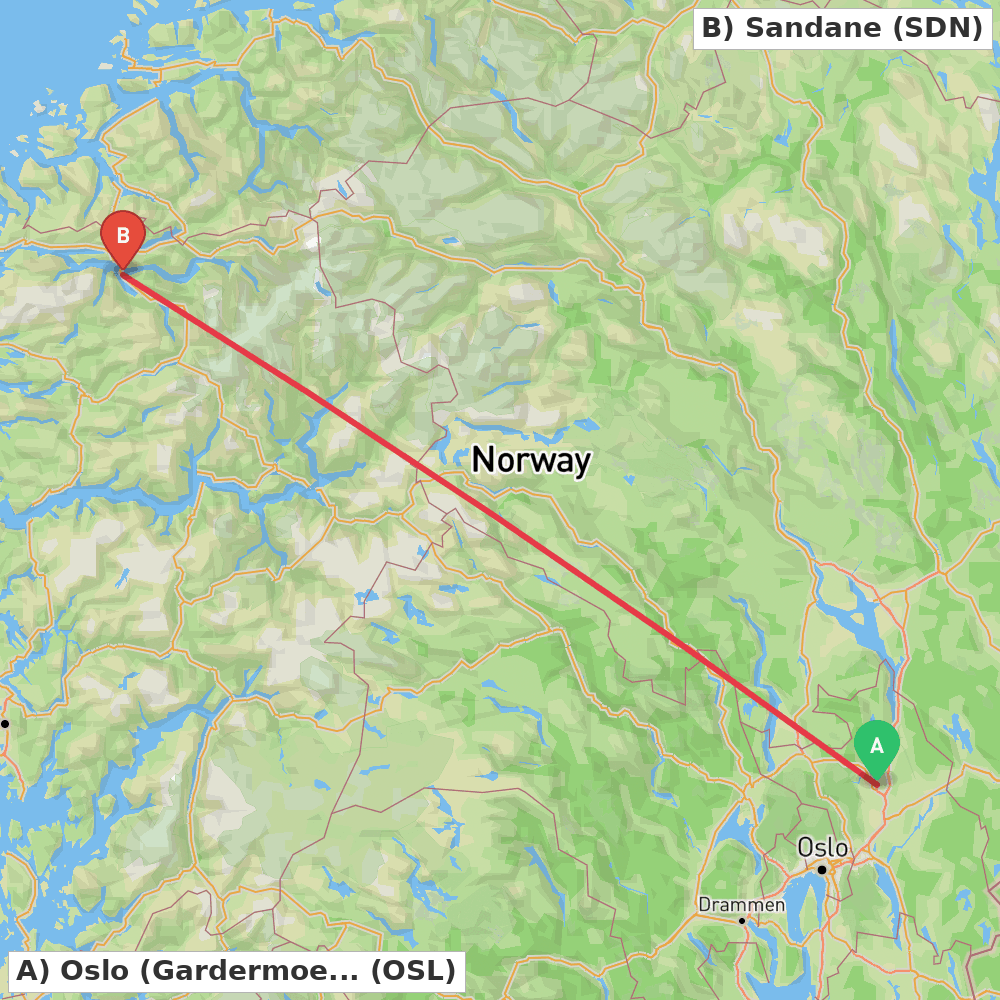Flight route map from Oslo (Gardermoen) to Sandane