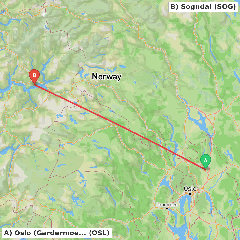 Flight route map from Oslo (Gardermoen) to Sogndal