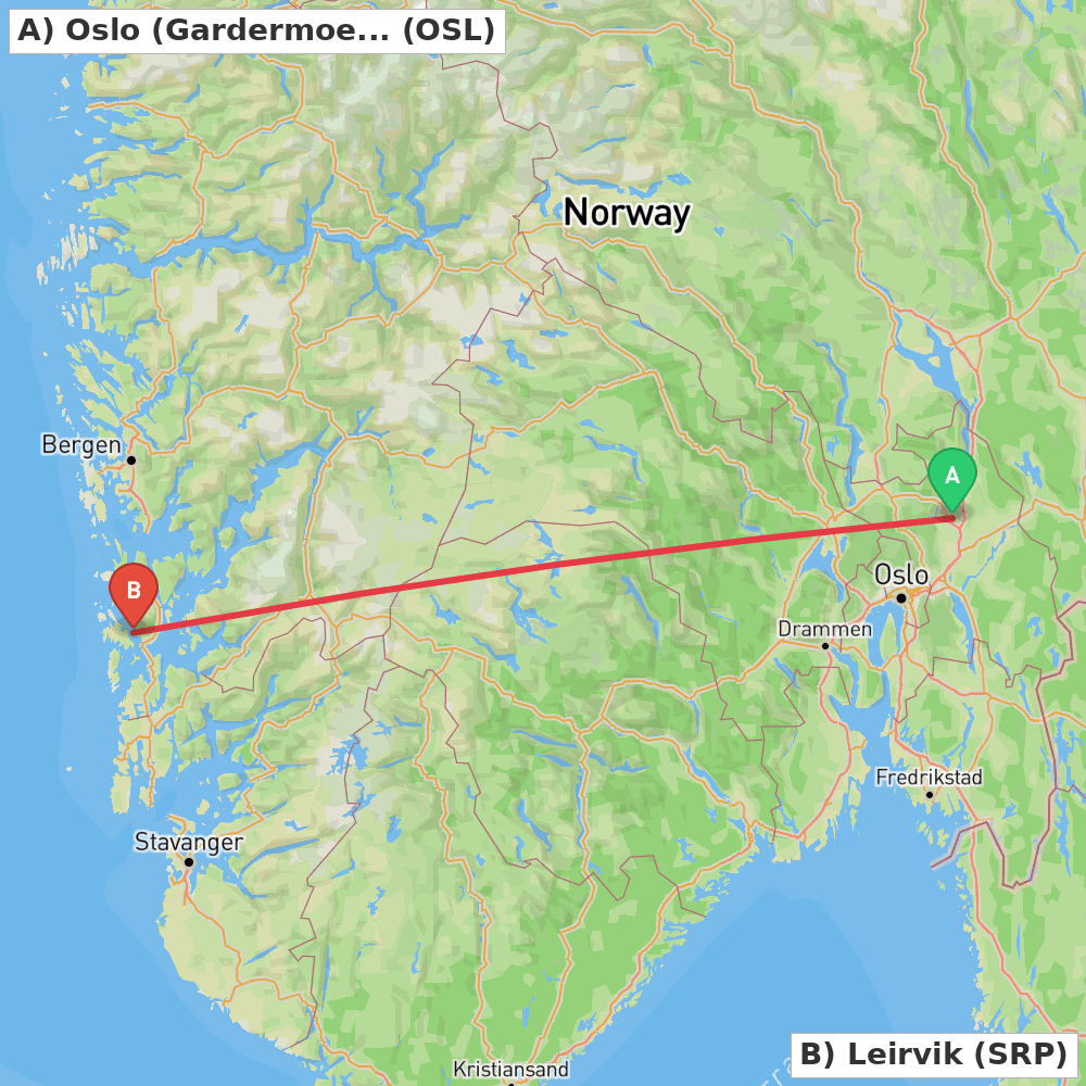 Flight route map from Oslo (Gardermoen) to Leirvik