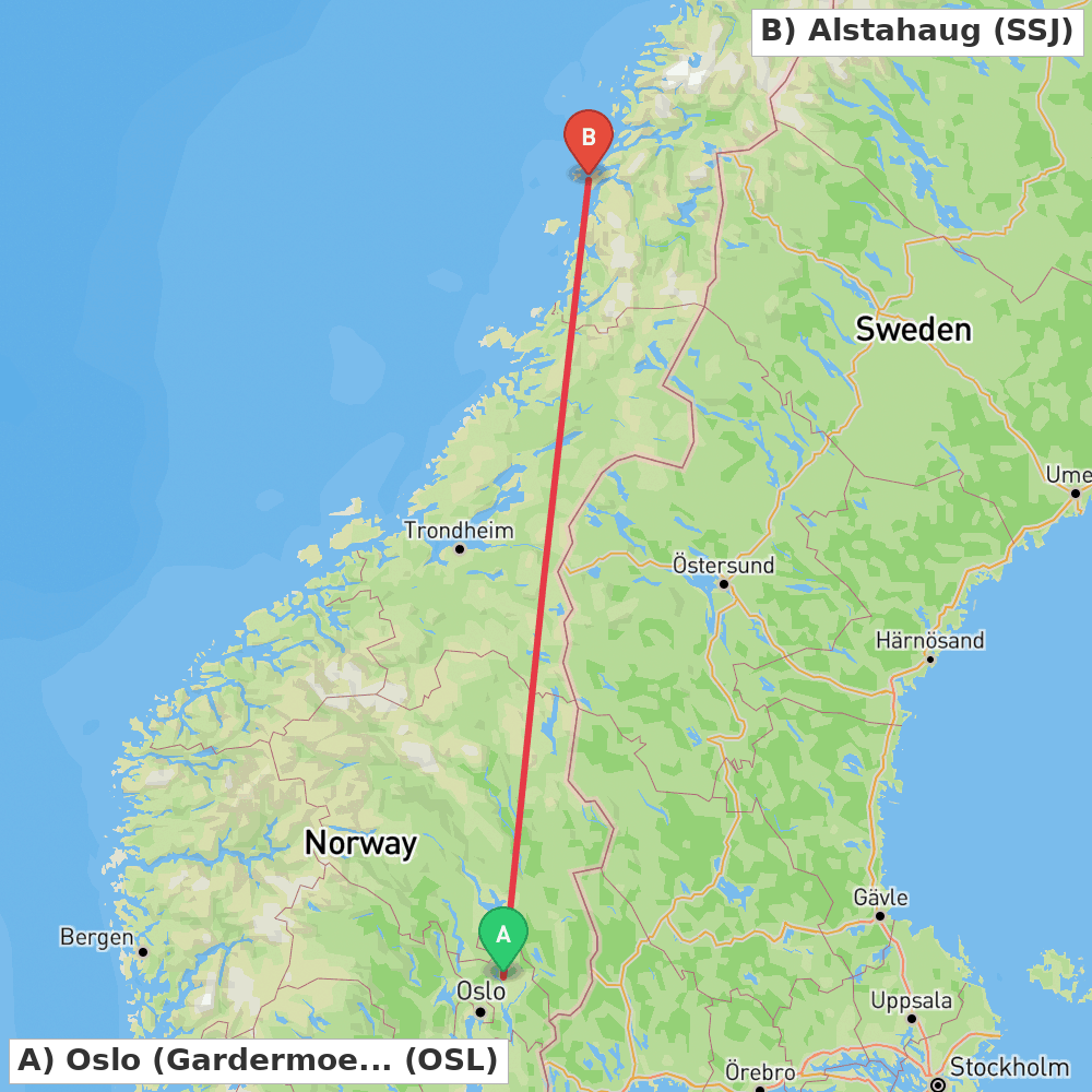 Flight route map from Oslo (Gardermoen) to Alstahaug