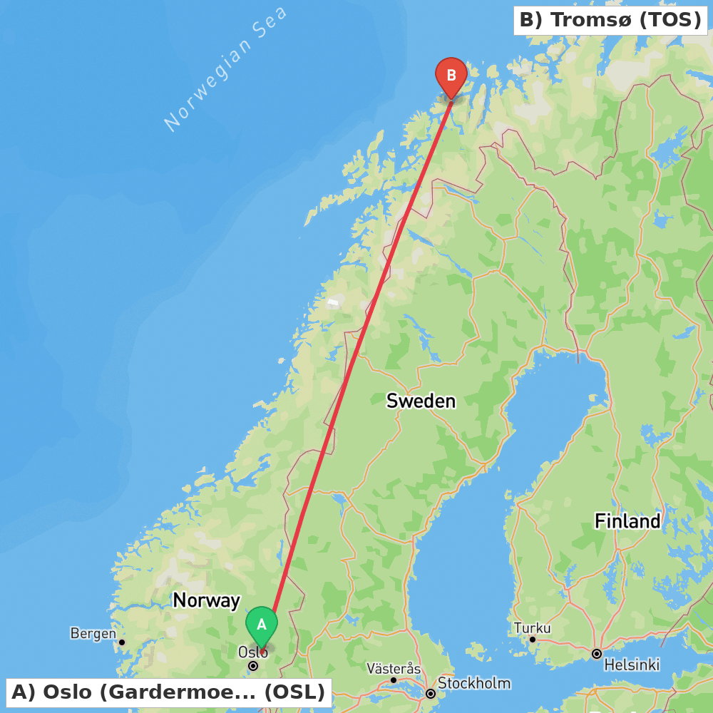 Flight route map from Oslo (Gardermoen) to Tromsø