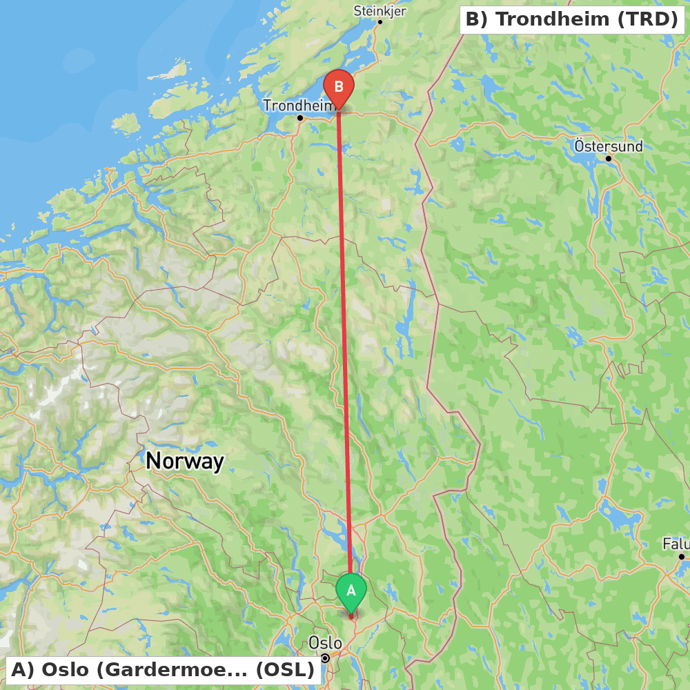 Flight route map from Oslo (Gardermoen) to Trondheim