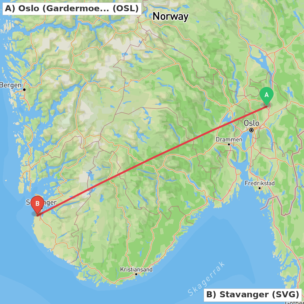 Flight route map from Oslo (Gardermoen) to Stavanger