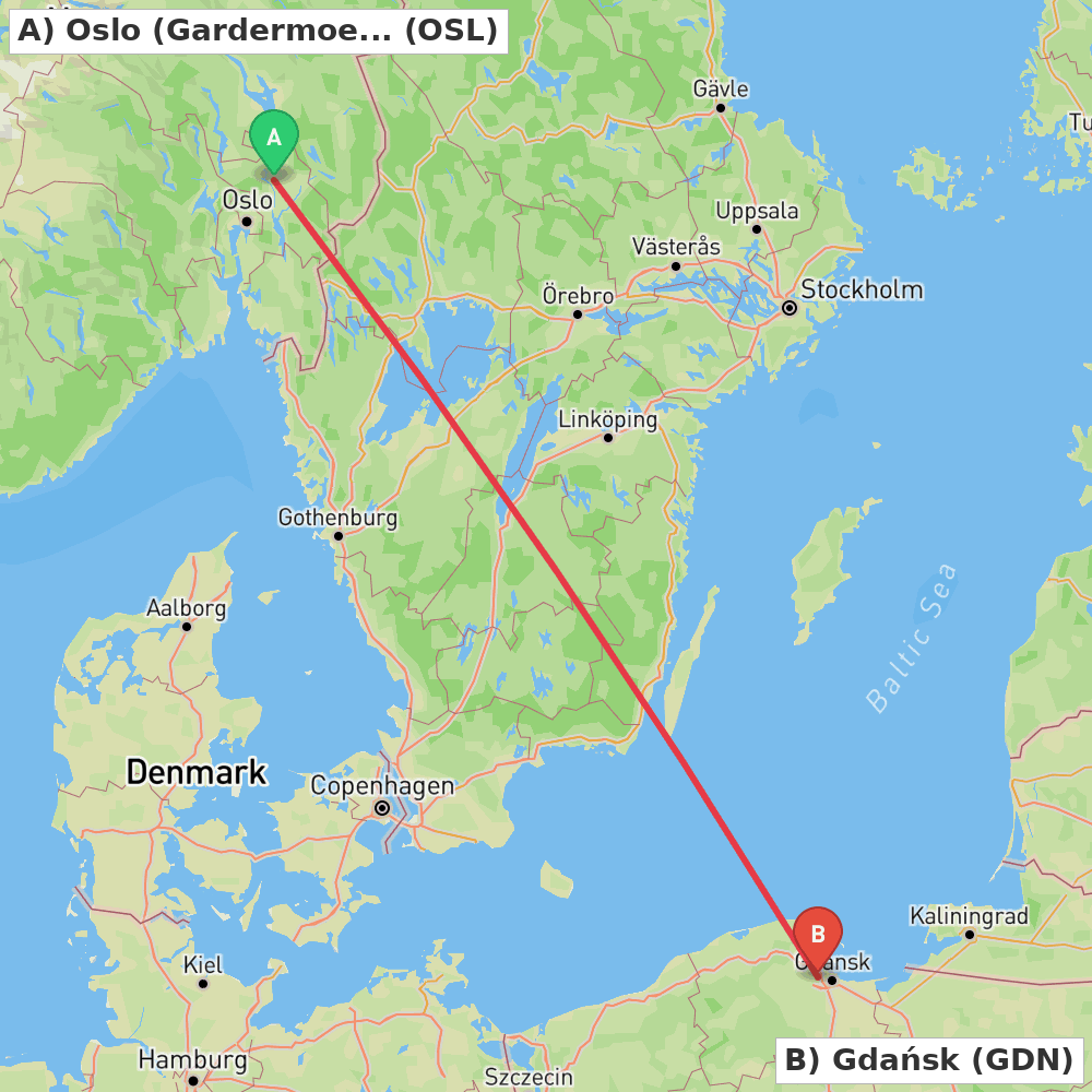 Flight route map from Oslo (Gardermoen) to Gdańsk