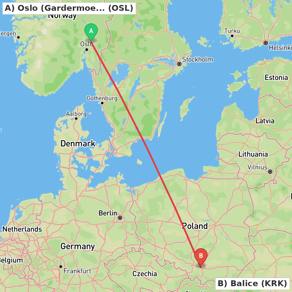 Flight route map from Oslo (Gardermoen) to Balice