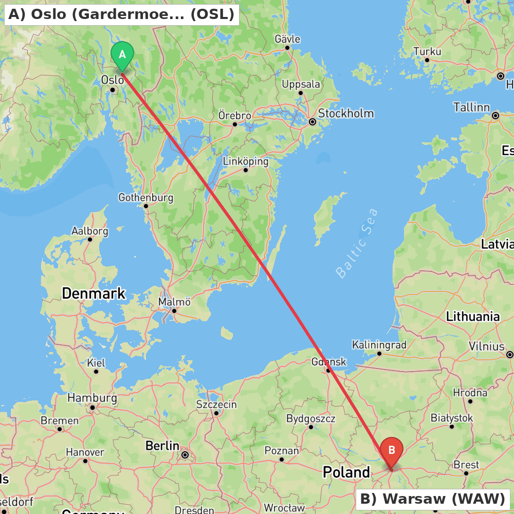 Flight route map from Oslo (Gardermoen) to Warsaw