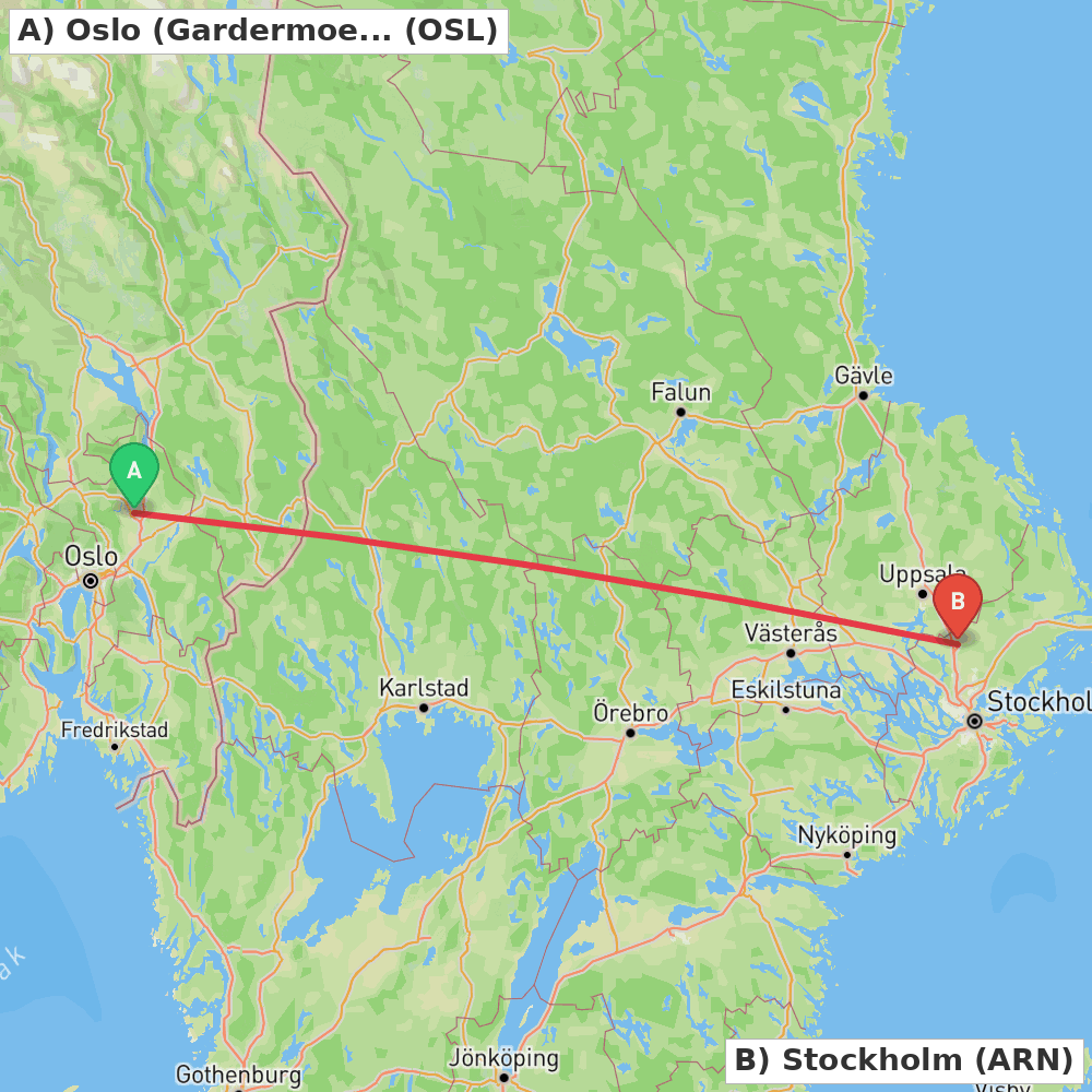 Flight route map from Oslo (Gardermoen) to Stockholm