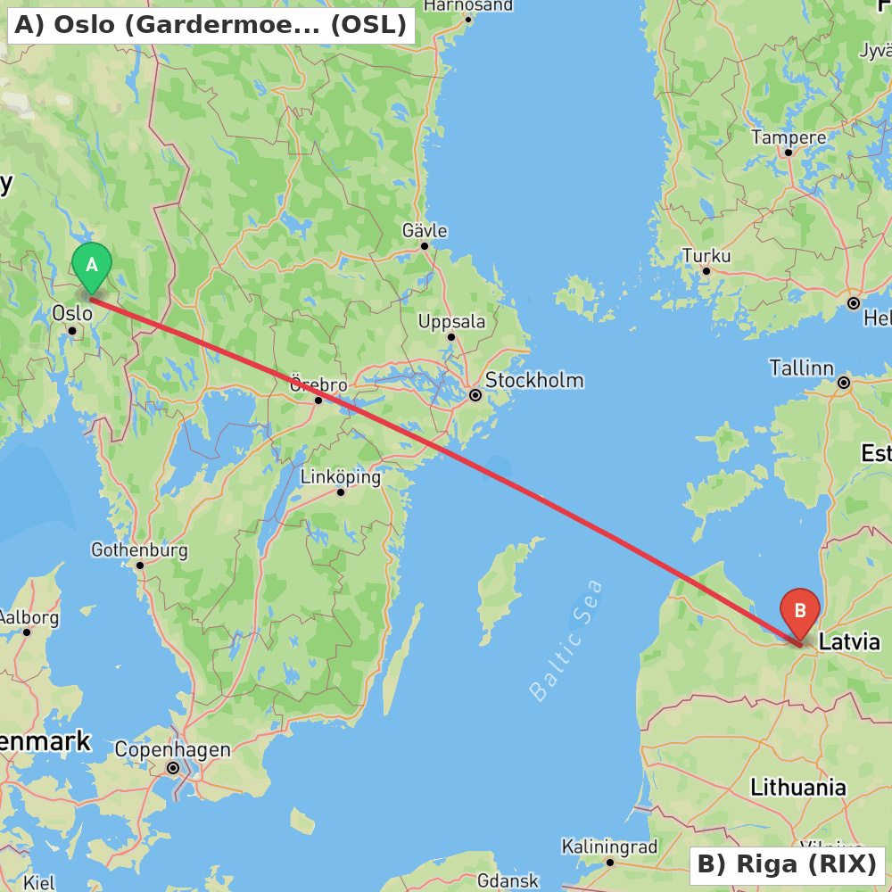 Flight route map from Oslo (Gardermoen) to Riga