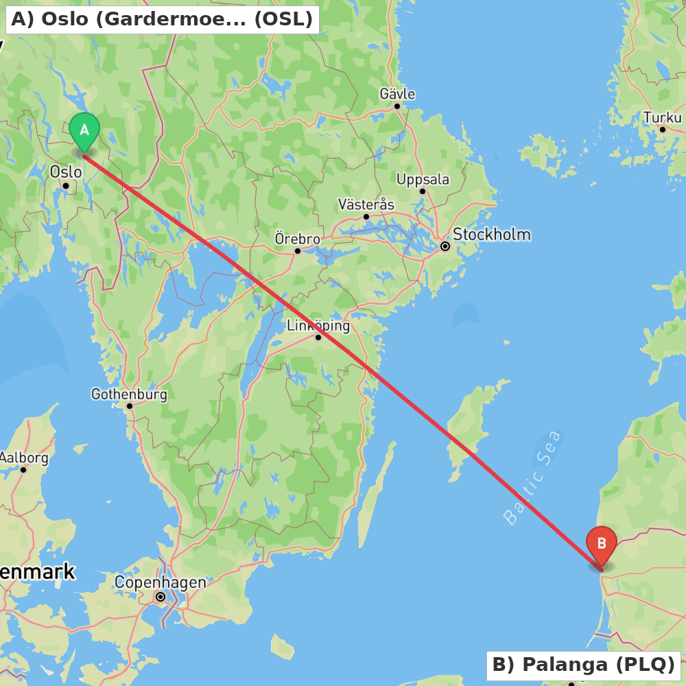 Flight route map from Oslo (Gardermoen) to Palanga