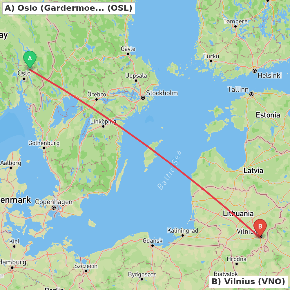 Flight route map from Oslo (Gardermoen) to Vilnius
