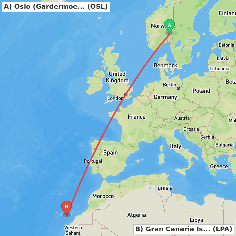 Flight route map from Oslo (Gardermoen) to Gran Canaria Island