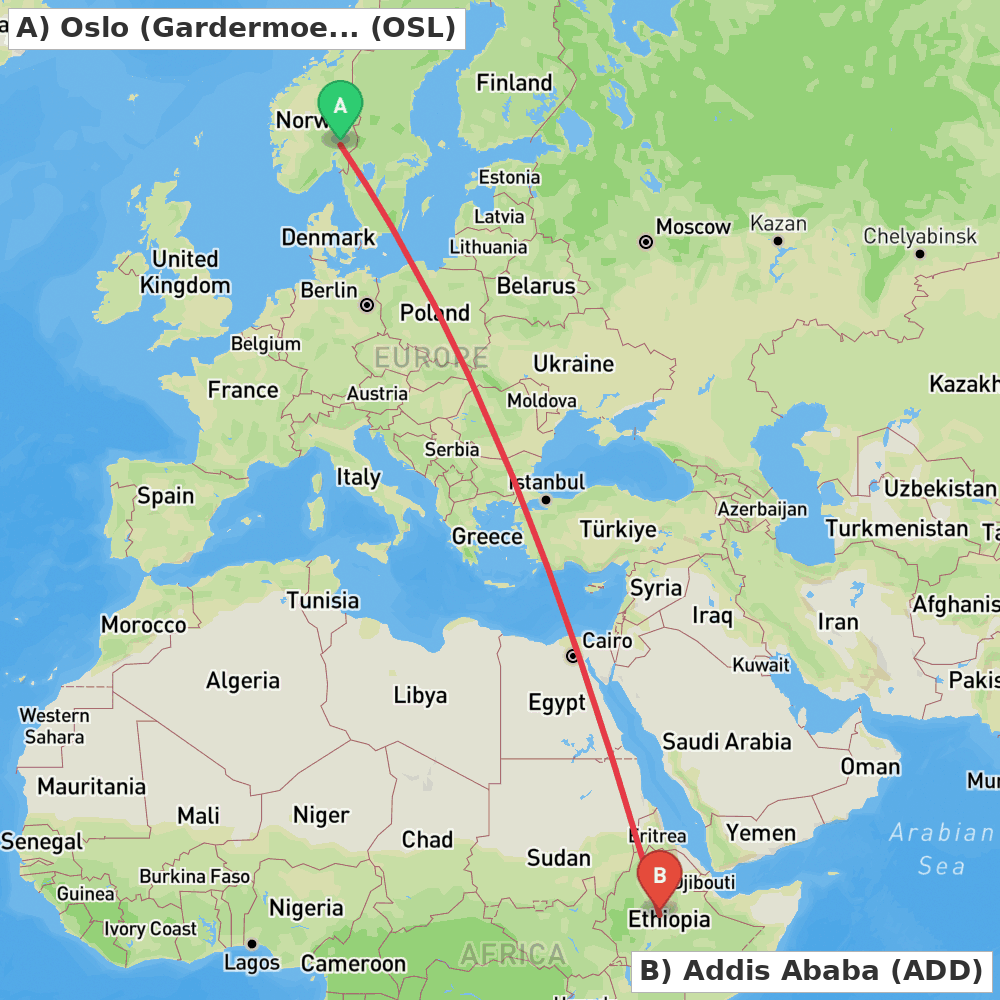 Flight route map from Oslo (Gardermoen) to Addis Ababa
