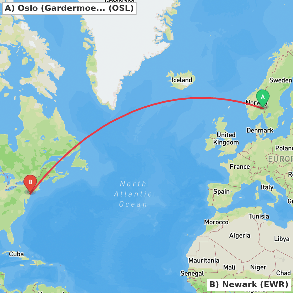 Flight route map from Oslo (Gardermoen) to Newark